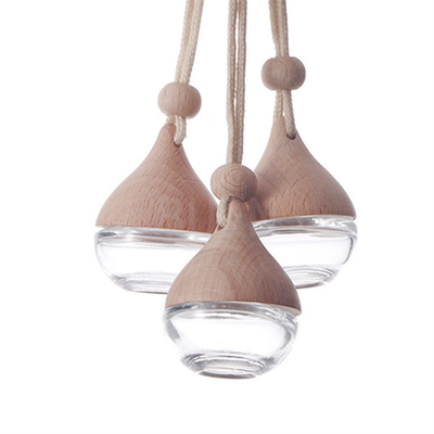 Car Hanging Wooden Cap Glass Aroma Diffuser Bottle Round Car Diffuser Perfume Bottle